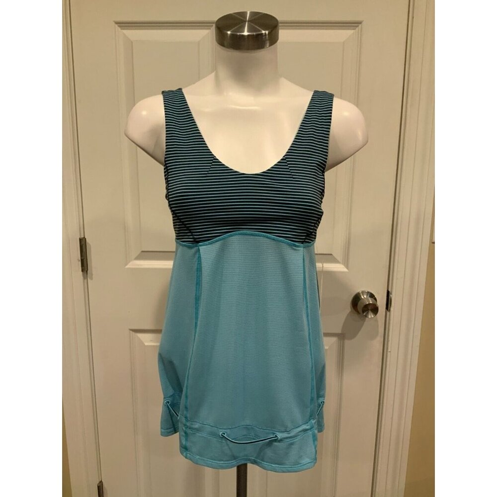 Lululemon Long Blue Striped Athletic Tank Top W/ Loose Body & Cinch, Size 6 (US)